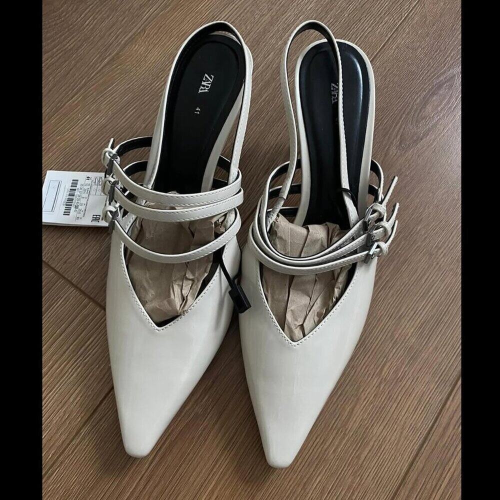 ZARA White Slingback Kitten Heels NWT Pointed Toe Buckle Strap Pumps Size 8 - Picture 14 of 16